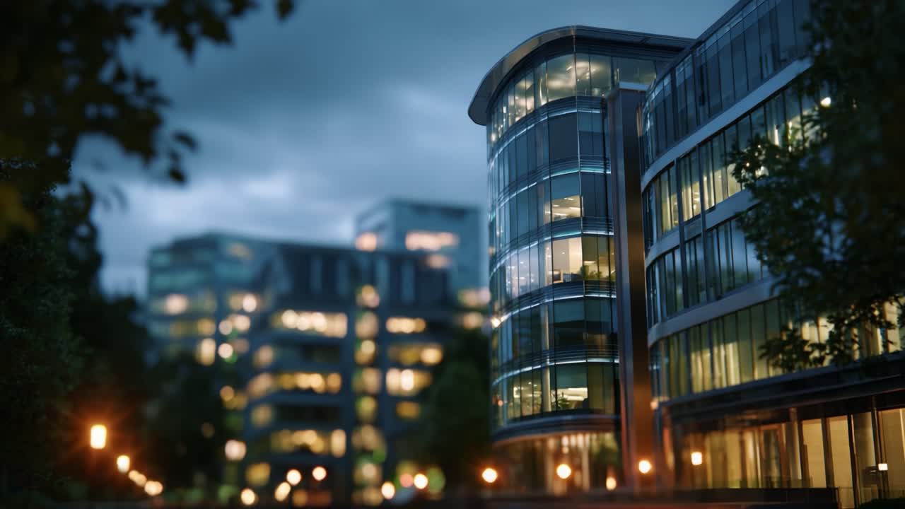 Uma bela vista noturna de edifícios de escritórios modernos com paredes de vidro, iluminados pelas luzes da cidade refletindo em um céu nublado ao entardecer, criando uma atmosfera urbana tranquila