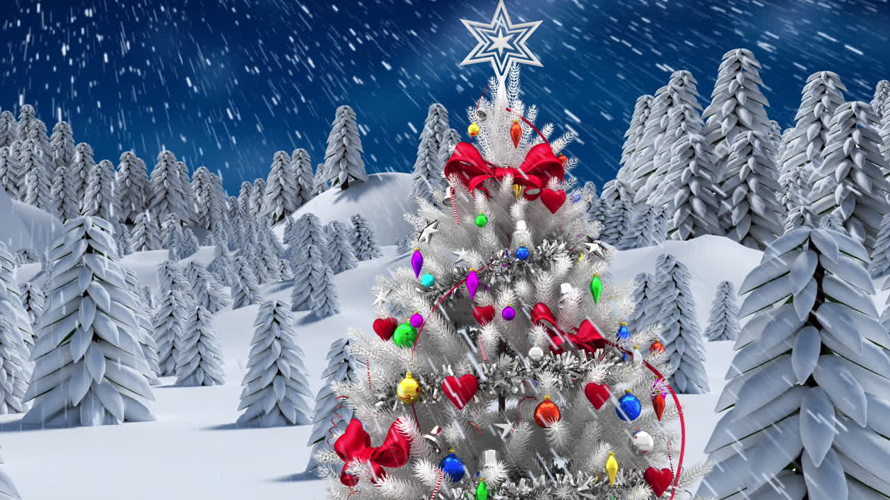 animación de paisaje de invierno con nevadas y árbol de navidad decorado sobre fondo azul