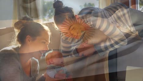 Animation-of-argentinian-flag-over-happy-caucasian-mothers-and-children-in-sunny-room