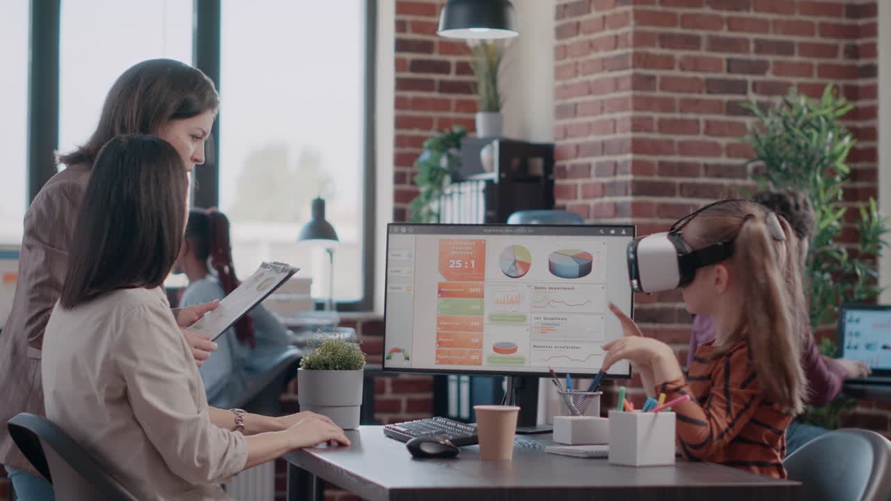 People talking about business project while child using vr glasses