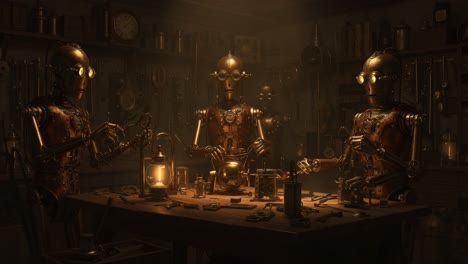 three intricate robots collaborate in a dimly lit workshop, engaged in crafting and innovation amongst numerous tools and antique mechanisms