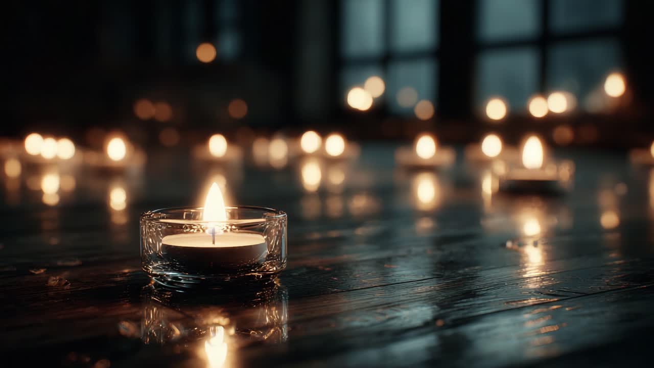 A Serene Atmosphere of Candlelight Reflections: Illuminated First and Last Moments from a Mystical Evening Scene