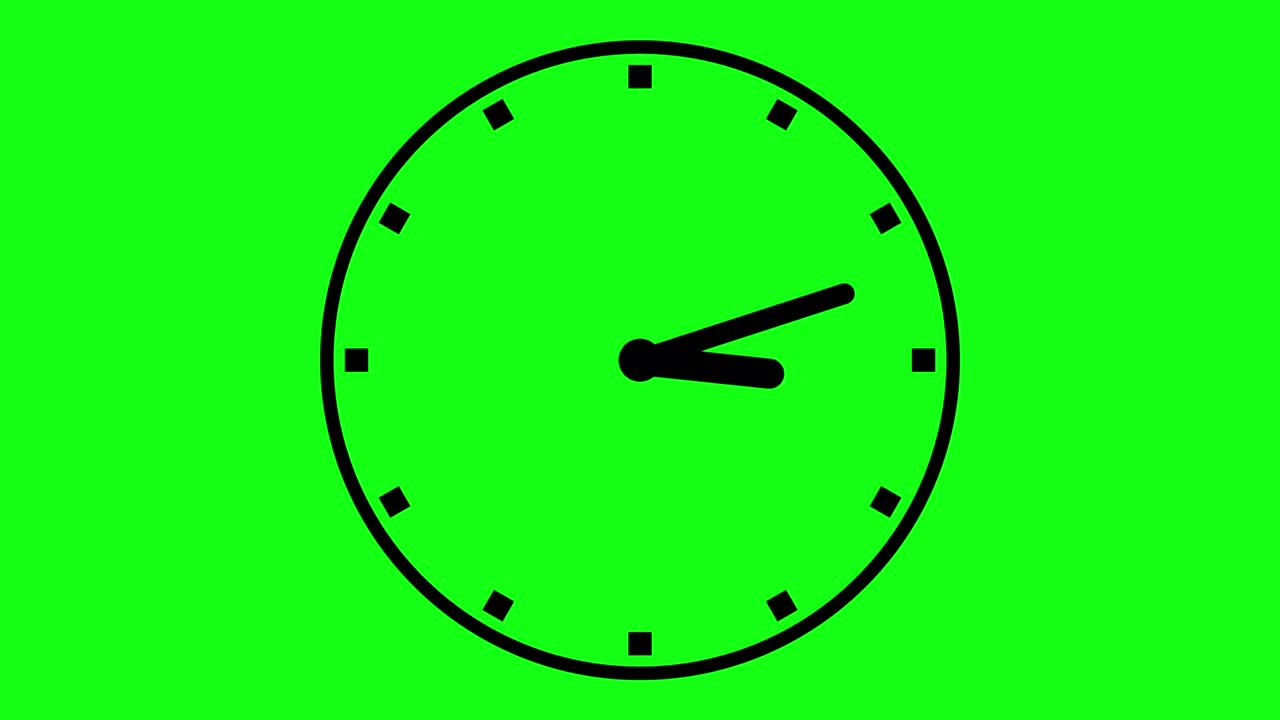 Orologio con lancette in movimento su sfondo verde. Animazione dell'orologio in loop di 12 ore