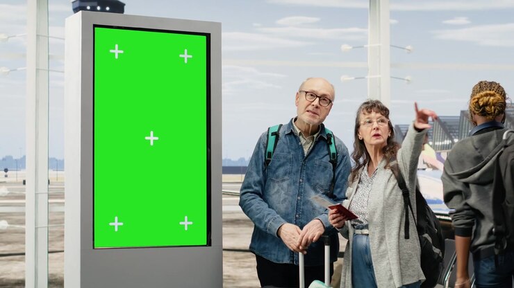 Chroma key på afgangstavle ved siden af ældre par vist i lufthavnen
