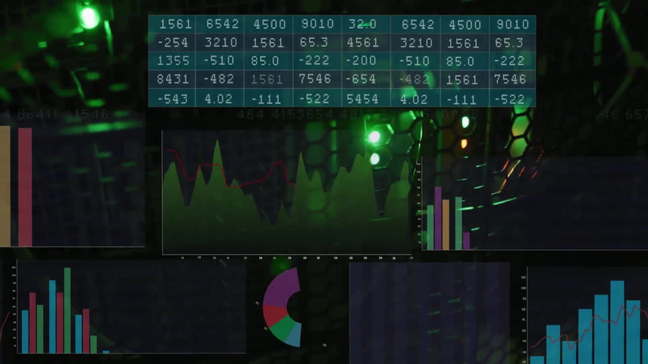 Animation of multicolored graphs and number charts over illuminated data server system