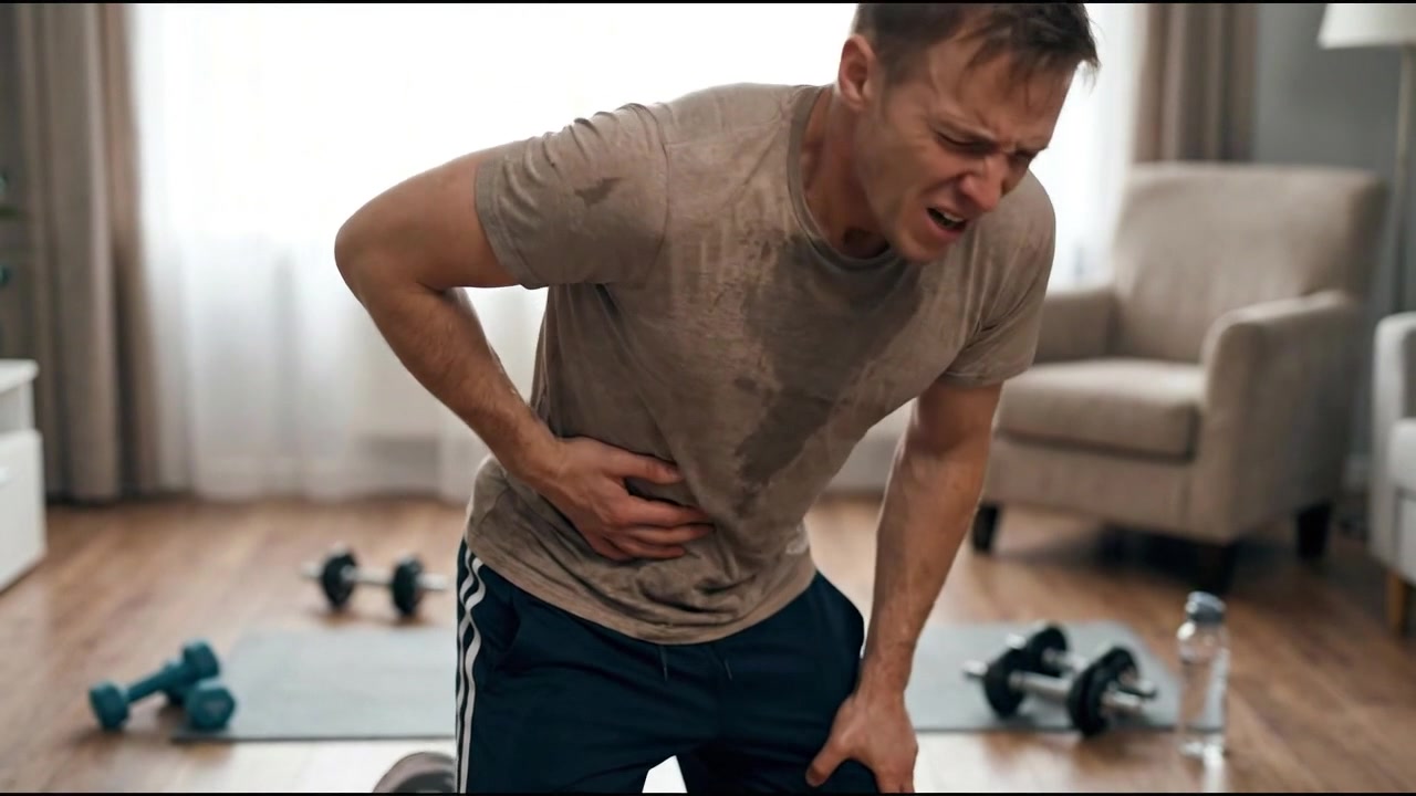 Athletic adult pressing lower back after exercise in fitness room in everyday health concept