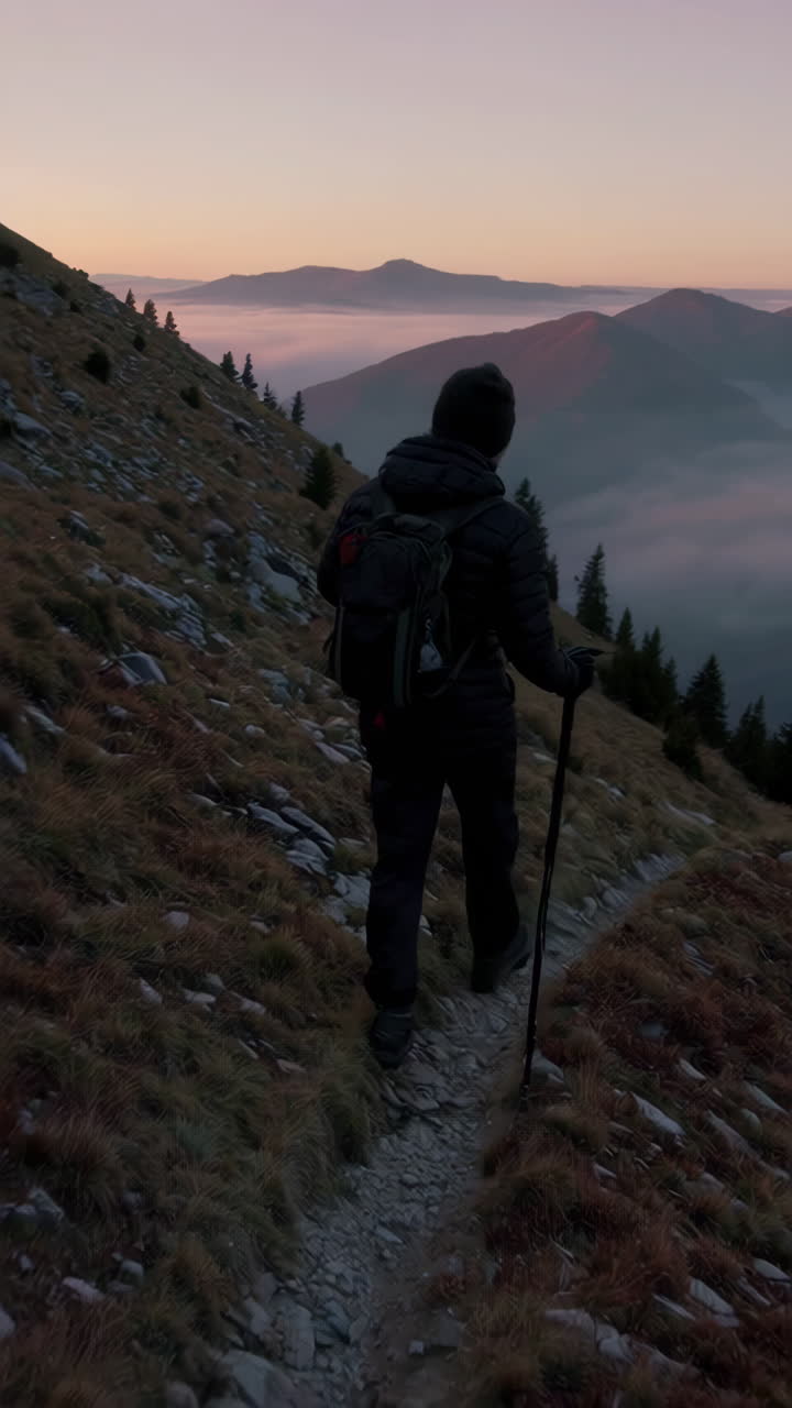 Hiker on a Mountain Trail at Sunrise/Sunset