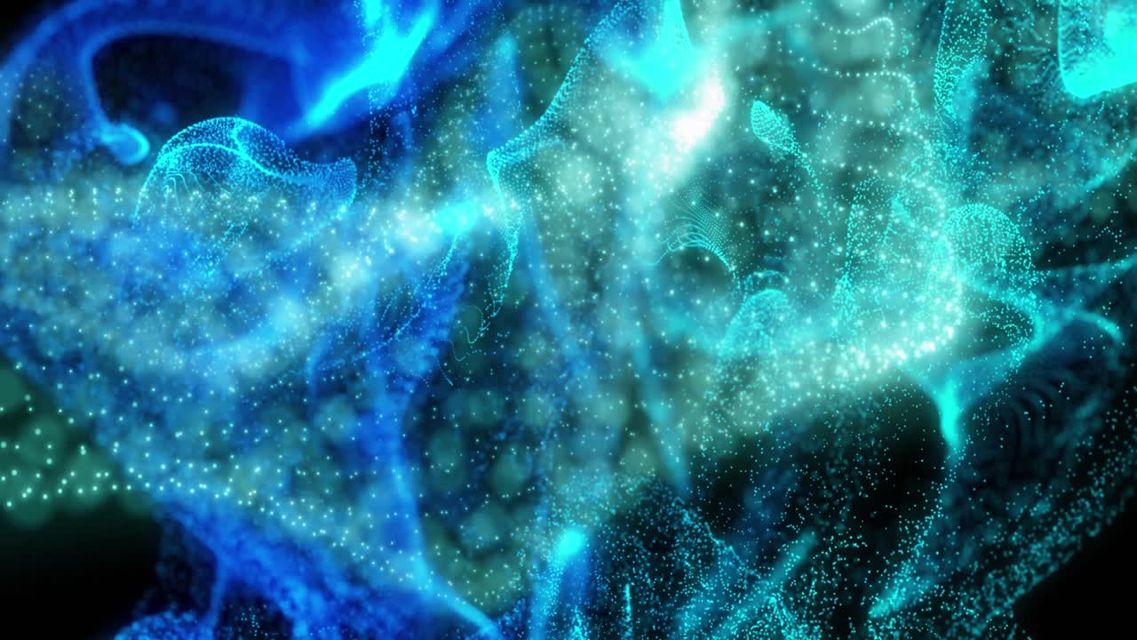 黒い背景の上で、光る点状のネットワークの上に青い蒸気が動くアニメーション。
