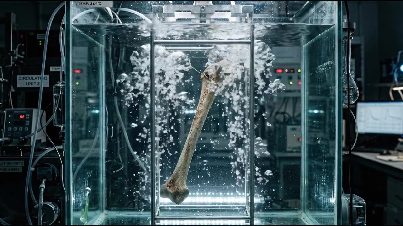 Human Femur Bone Suspended in Laboratory Water Tank