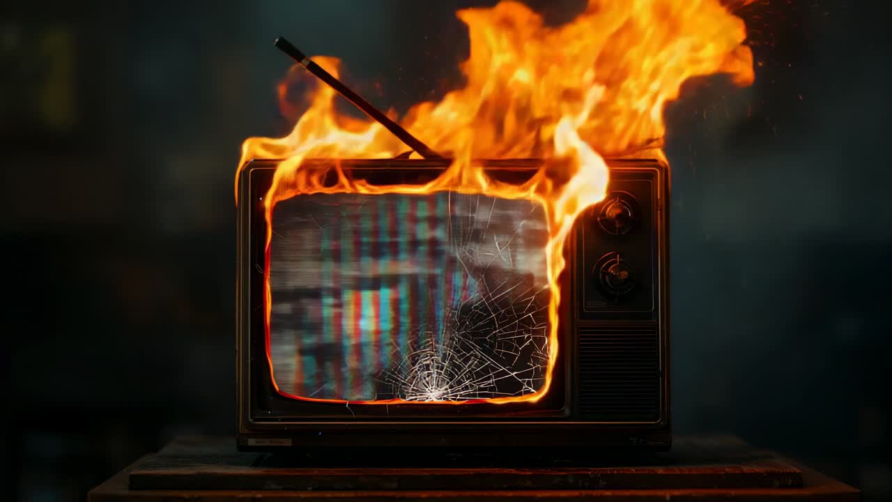 Flickering flames spreading across vintage CRT television on wooden crate, emitting embers, sparks