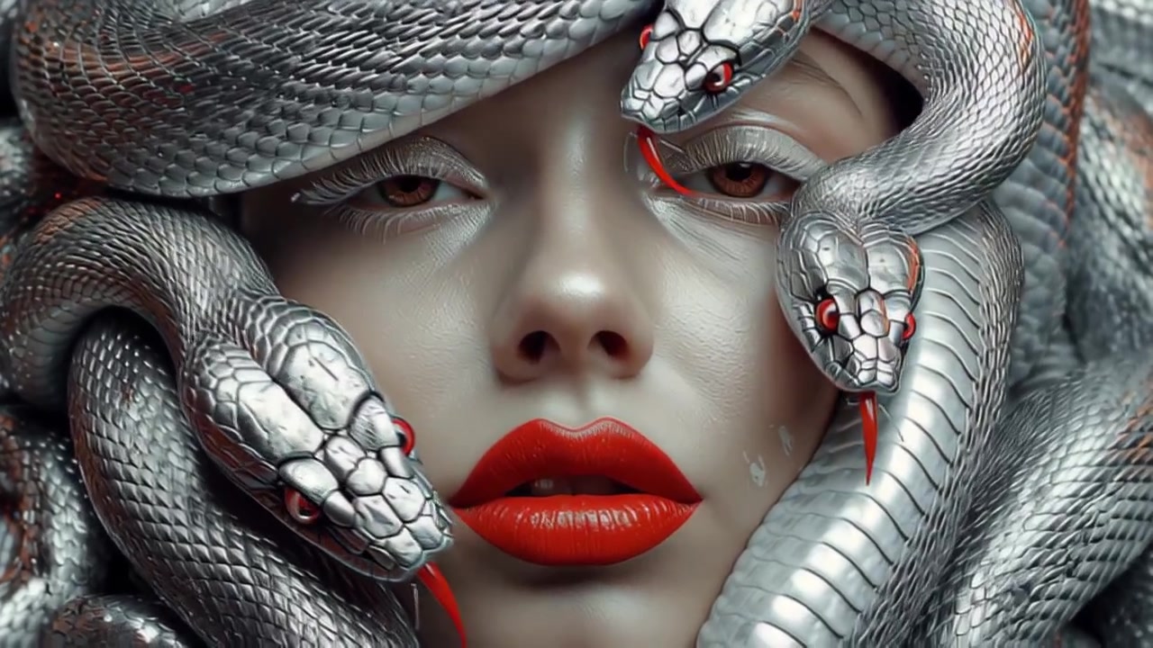 Riprese cinematografiche surreali del volto di una donna avvolto in serpenti metallici argentati, occhi rossi e zanne, trucco beauty drammatico e concetto mitico di Medusa su sfondo scuro.