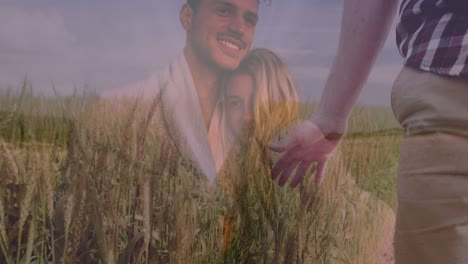 animation of caucasian couple cuddling and man walking in summer field