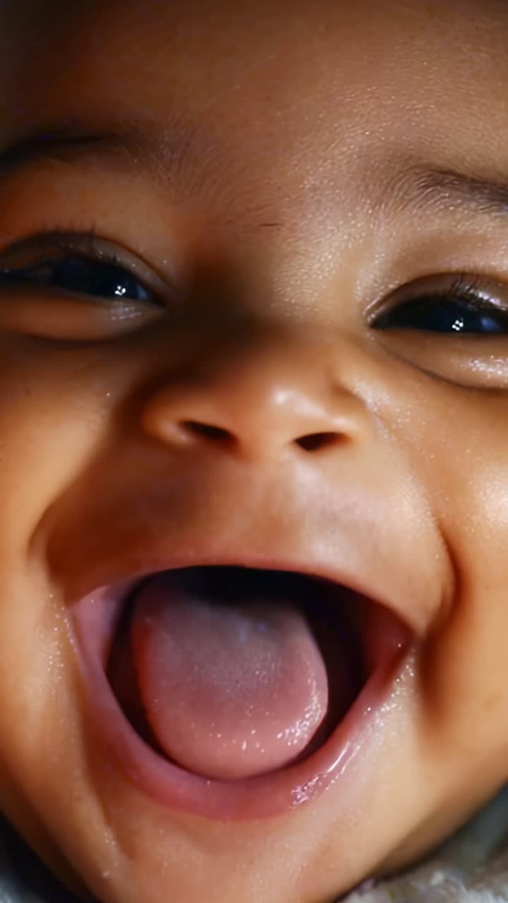 Bebè adorabile che sorride radioso con espressione gioiosa e occhi scintillanti, catturato in due inquadrature, che mostrano felicità e innocenza in dettaglio ravvicinato