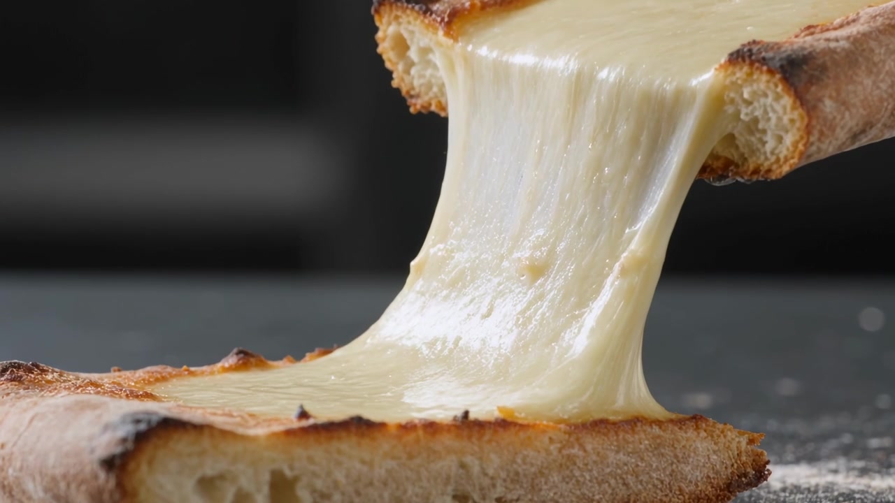 Eine Hand zieht die obere Kruste auf der Küchenarbeitsplatte nach oben, um den sich dehnenden Käse in Fäden zu enthüllen.
