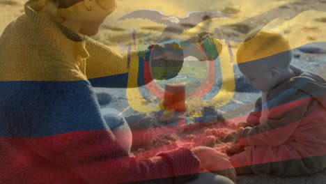 animation of ecuadorian flag over caucasian mother and child playing on sunny beach