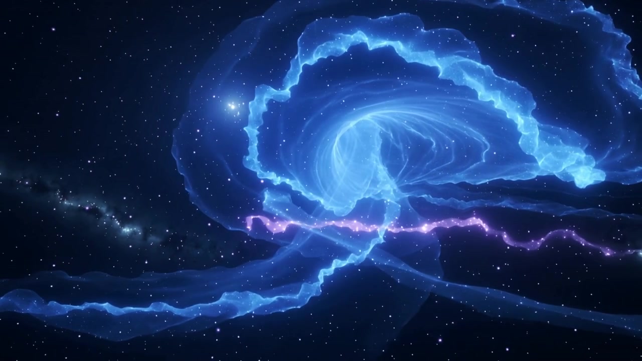 Fita nebular azul brilhante em espiral no espaço sideral, com movimento interno impulsionando um filamento roxo.