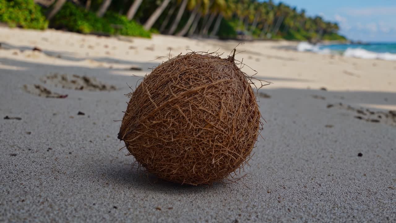 Primo piano, angolazione dal basso di una noce di cocco su una spiaggia sabbiosa, per catturare un’atmosfera tropicale