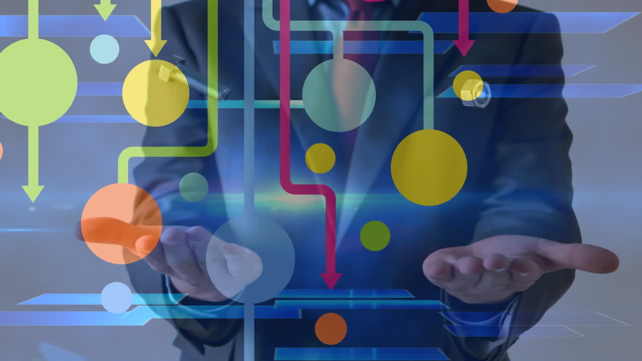 animación de un colorido diagrama de red sobre un hombre de negocios lanzando y atrapando tuercas y pernos