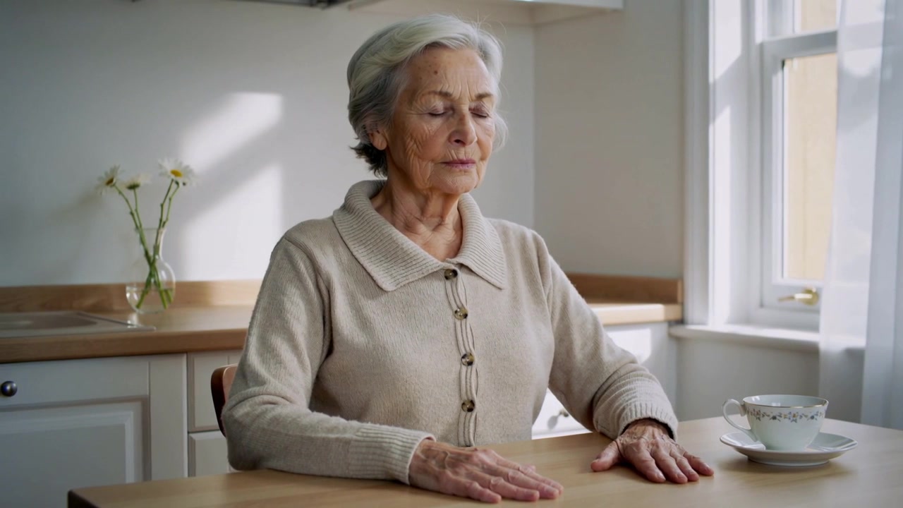 Sitting senior lady in tan cardigan shifting at kitchen nook, light nudging hand to teacup, flowers