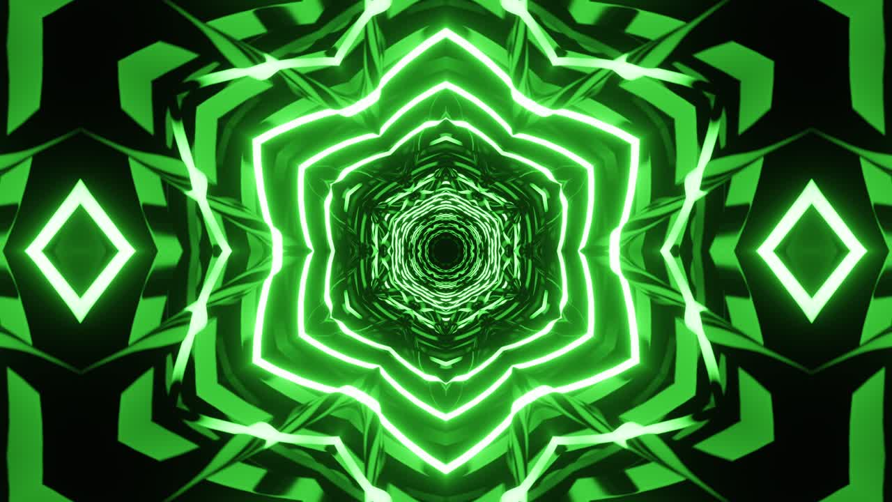 el caleidoscopio de neón verde de bucle vj. animación sin costuras.