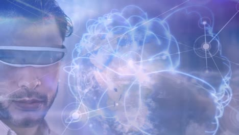 animación de una red de conexiones digitales sobre un hombre de negocios con auriculares vr