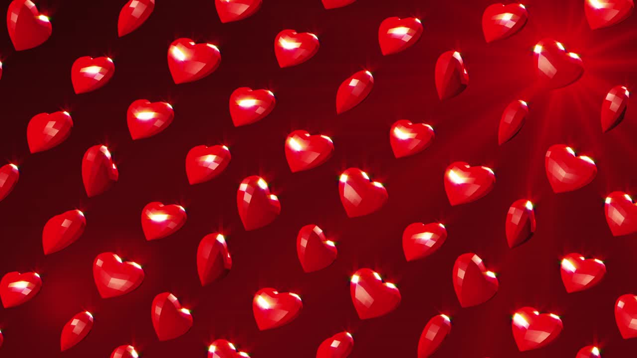 로맨틱한 다각형 날아다니는 심장과 빛의 광선, 발렌타인 데이, 은 이벤트 배경, 3d 렌더링, 루프 가능한 애니메이션, 4k