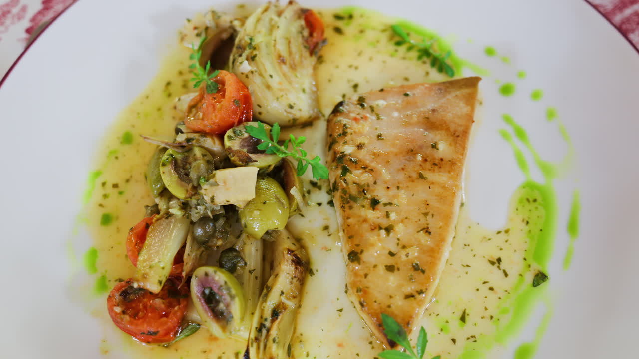 Close up of grilled salmon with vegetables on a white plate at a restaurant