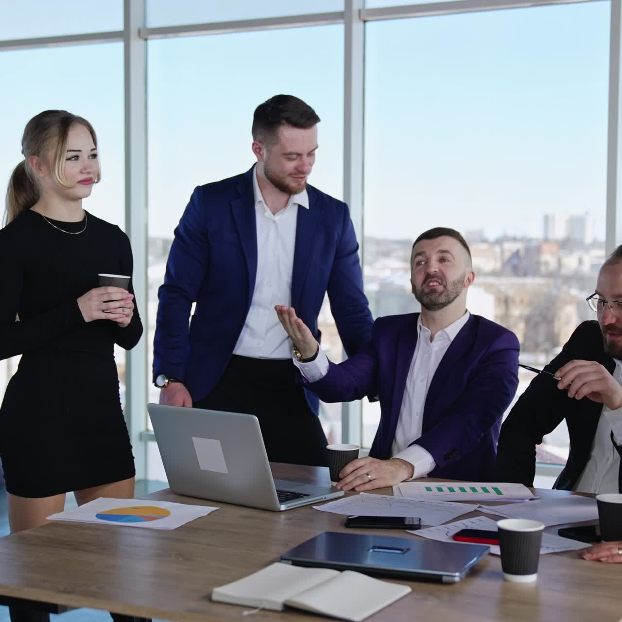 Company brainstorming in group. Group of business managers having meeting