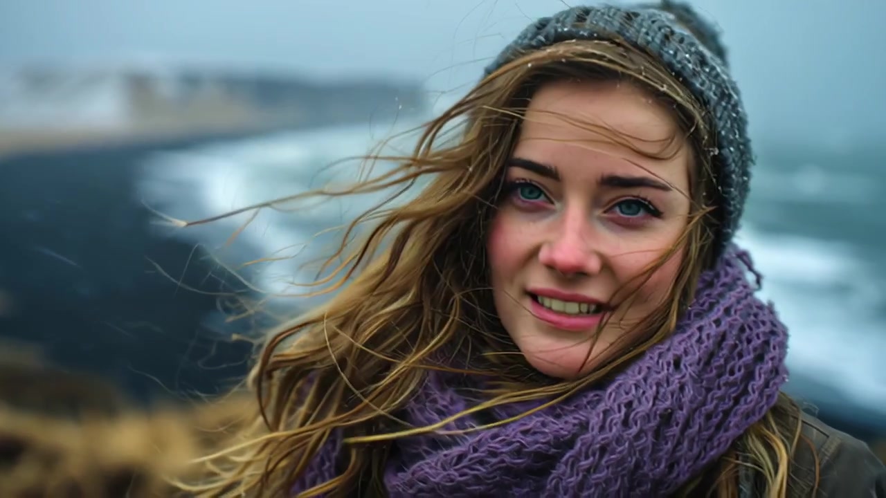 Close-up beelden van een jonge vrouw met wapperend haar, die een gebreide muts en sjaal draagt bij de oceaan op een koude dag, met golven en een rotsachtige kustlijn op de achtergrond