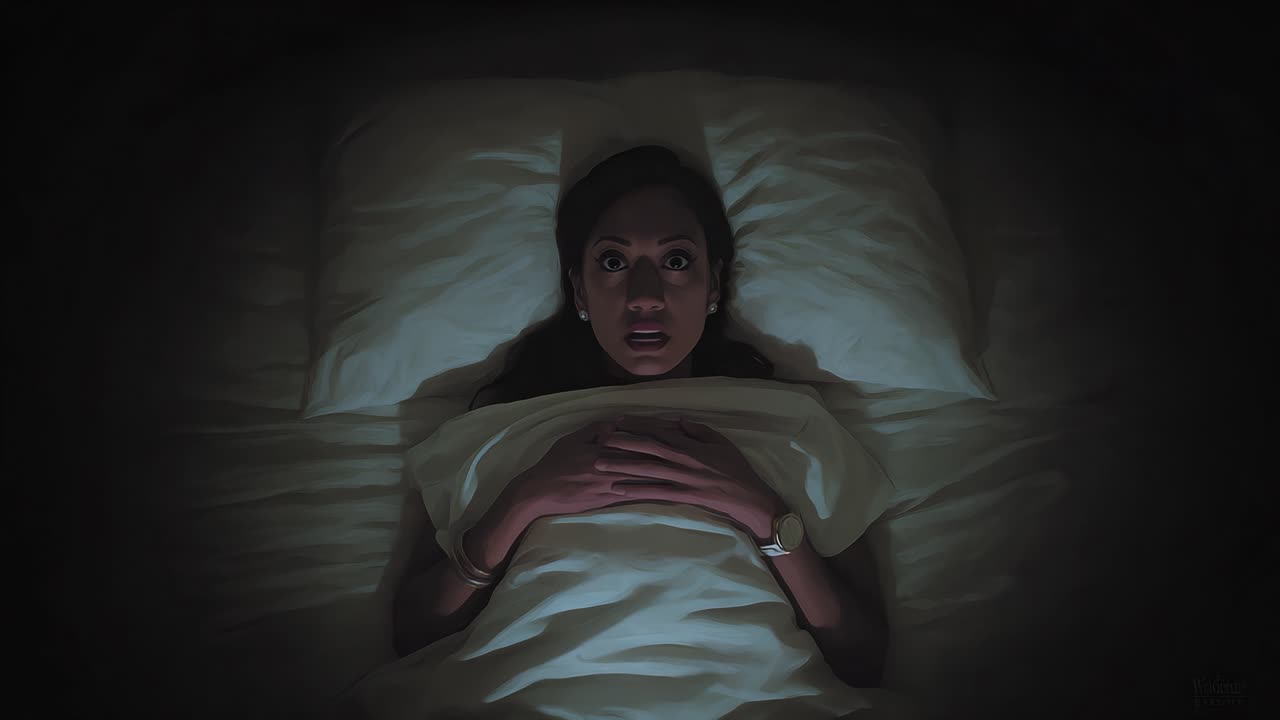 A Woman in Bed Reflects on Her Thoughts, Capturing the Essence of Restlessness and Contemplation in a Dimly Lit Room