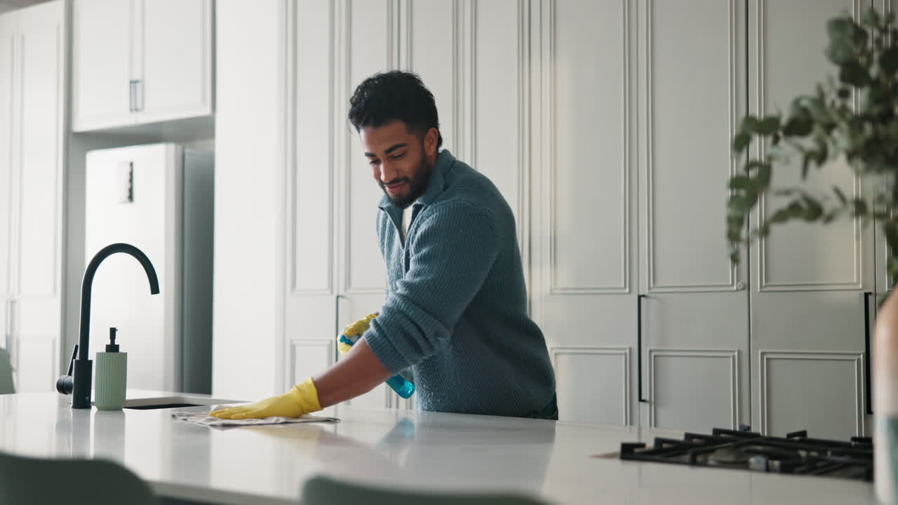 Man cleaning kitchen countertop