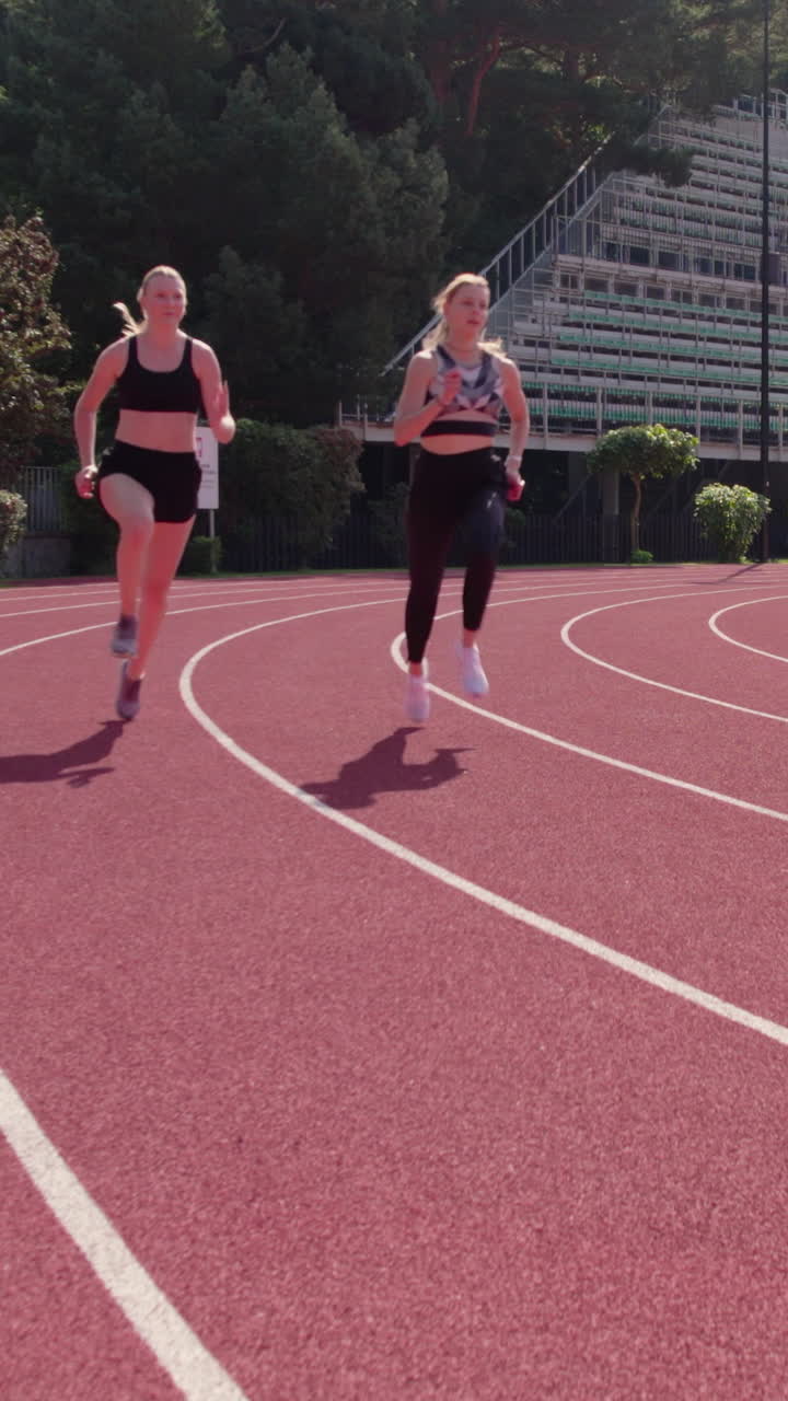 Due atlete gareggiano in una corsa sprint su una pista di atletica rossa in uno stadio. Perfetto per i social media sportivi, le app di fitness e i contenuti verticali legati alla salute.