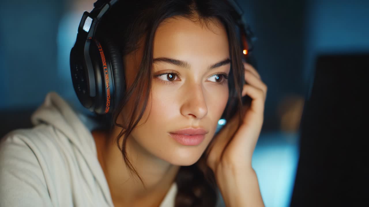 Focused Young Woman with Headphones Engaged in Listening While Working or Studying, Capturing the Intensity of Concentration and a Quiet Environment Within a Modern Digital Setup