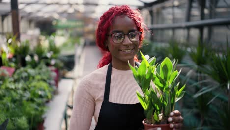 Portrait-of-young-multiethnic-woman-looking-to-camera,-standing-in-greenhouse-with-green-plant