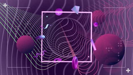 Animation-of-abstract-3d-shapes-over-purple-waving-background