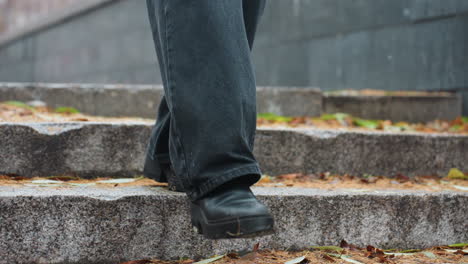 Legs of person walking down stone steps during light snowfall, wearing black jeans and black boots, with colorful autumn leaves scattered along the path creating a seasonal atmosphere