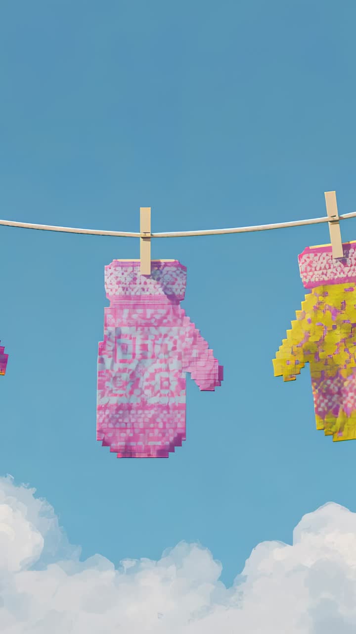 Video verticale: guanto rosa pixelato ondeggiante appeso a uno stendibiancheria a causa della leggera brezza, molletta