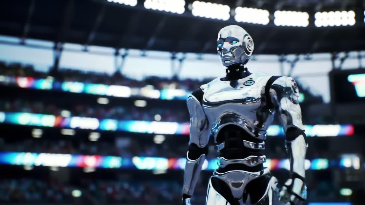 A Stunning Chrome Robot in a Futuristic Stadium Showcasing Advanced Technology and Robotics in an Enthralling, High-Stakes Environment