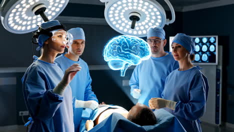 surgeons utilizing augmented reality for brain surgery in a futuristic operating room