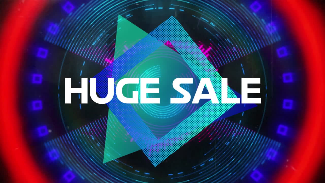 검은색 배경에 네온 패턴 위에 거대한 판매 텍스트의 애니메이션