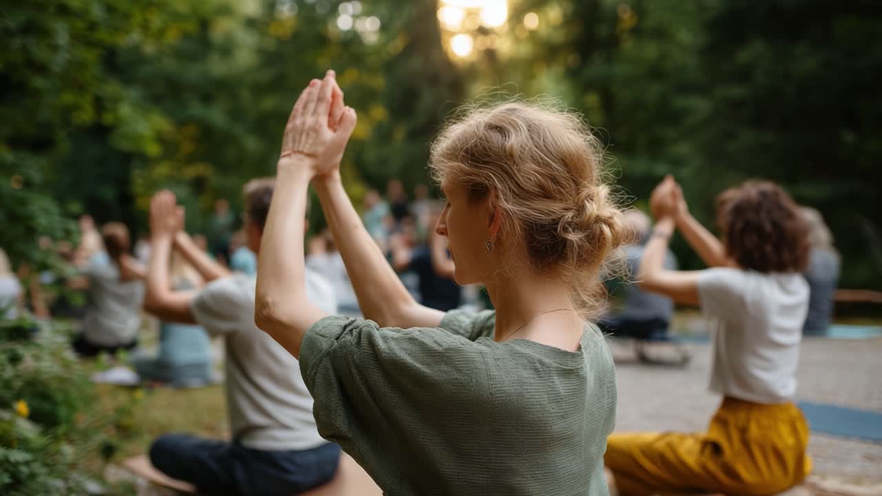 A Serene Gathering in Nature: Participants Engage in Mindfulness and Meditation, Embracing Tranquility and Connection in a Lush Outdoor Environment