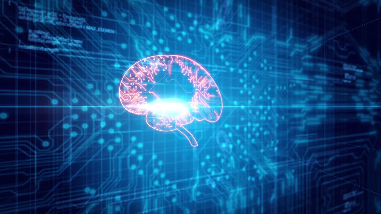 Animation of glowing orange human brain over blue processor socket