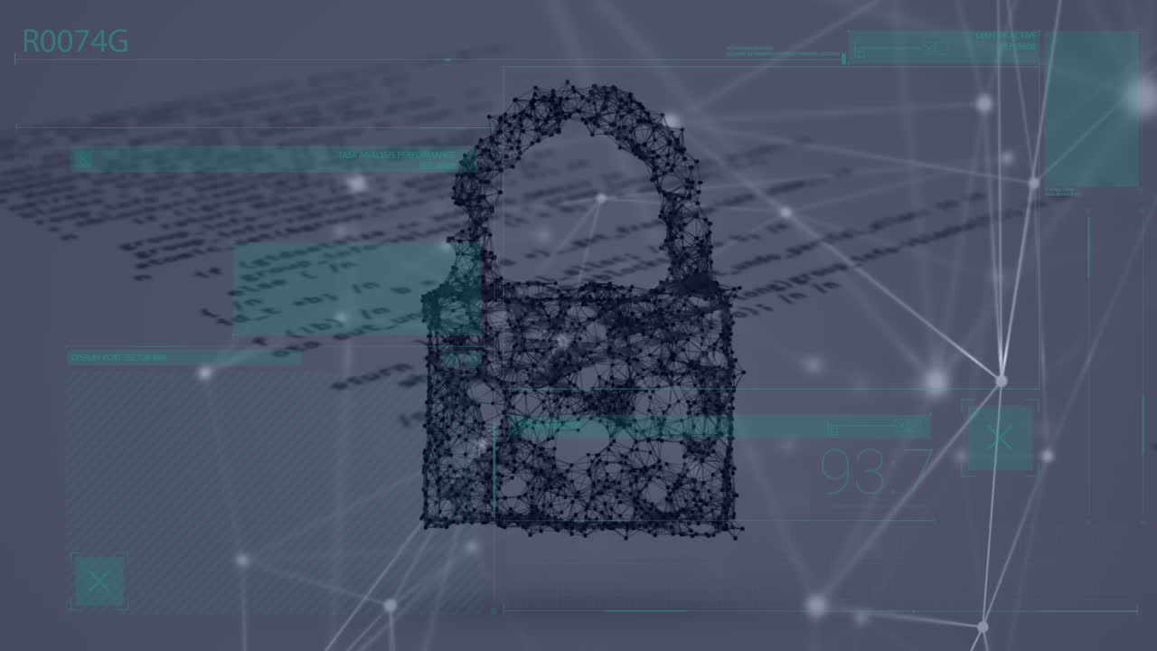 animación de la estructura de la cerradura con conexiones de red, datos financieros en la interfaz gráfica