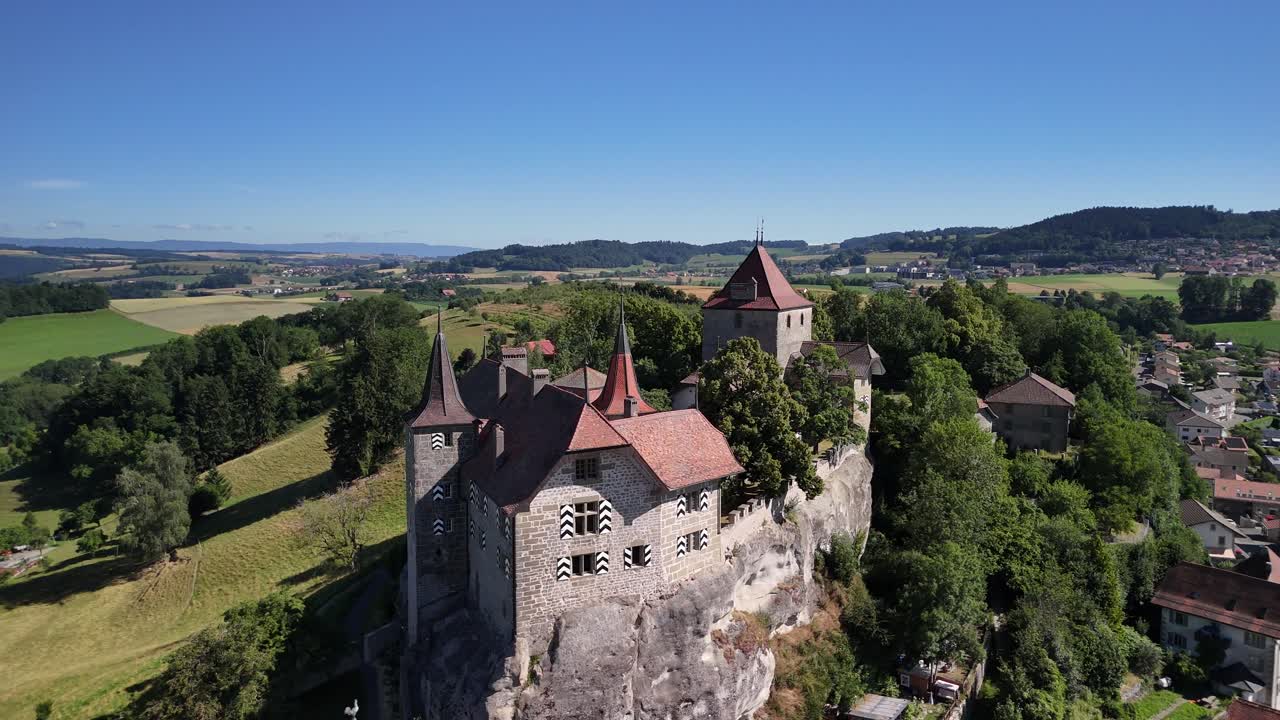 Medieval castle Rue Switzerland Swiss heritage site aerial drone Fribourg canton
