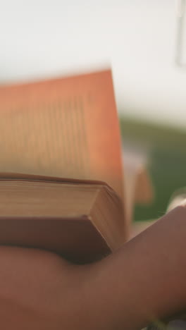 close-up de um indivíduo segurando e folheando páginas de livro para a direita, a luz solar refletindo suavemente sobre a pessoa e o livro, com um fundo desfocado
