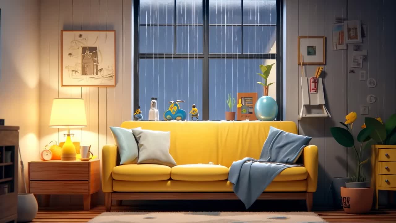 Cozy living room with a yellow sofa, viewed from a straight-on angle