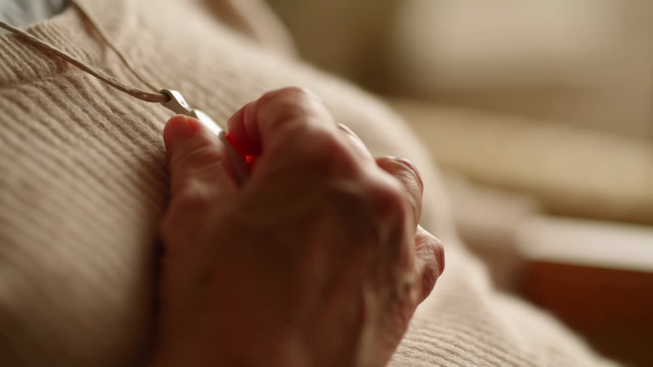 Elderly White Woman Touching Pendant Necklace, Warm Living Room Closeup Of Wrinkled Hands, Gentle Movement,