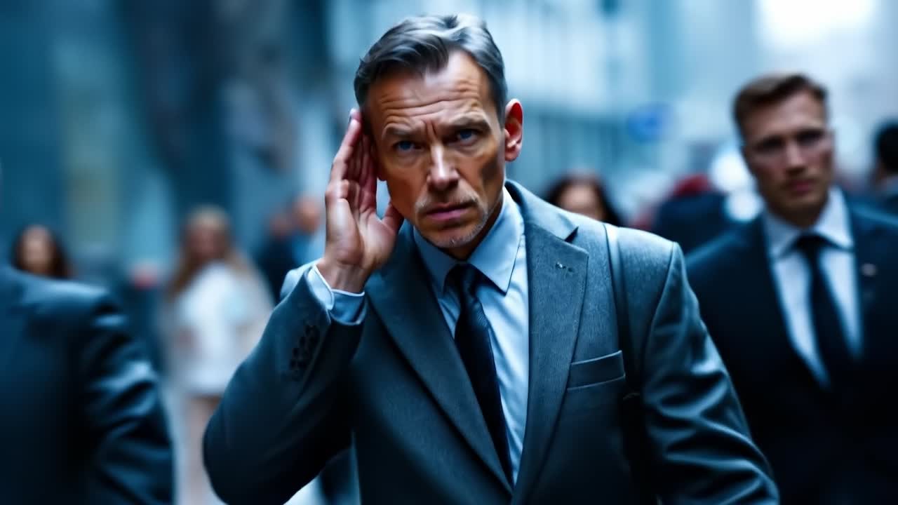 휴대 전화 로 이야기 하는 슈트 를 입은 남자