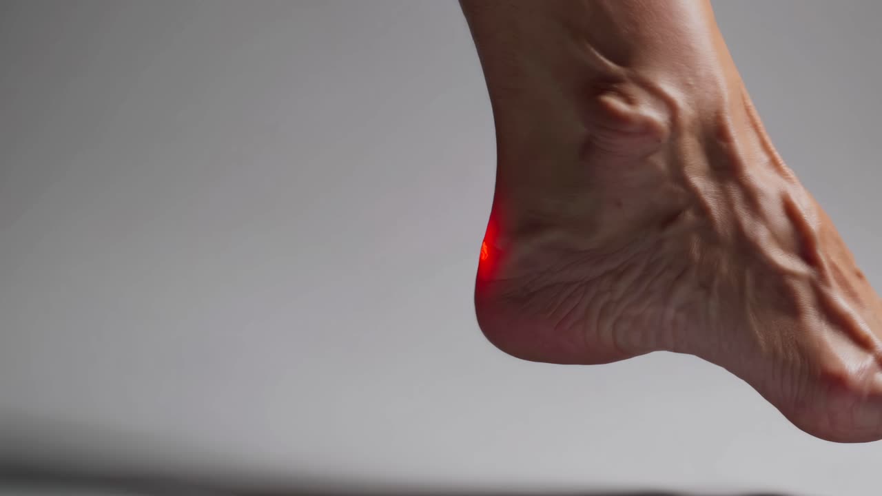Close-up video of an ankle with a red glowing spot, symbolizing pain or injury