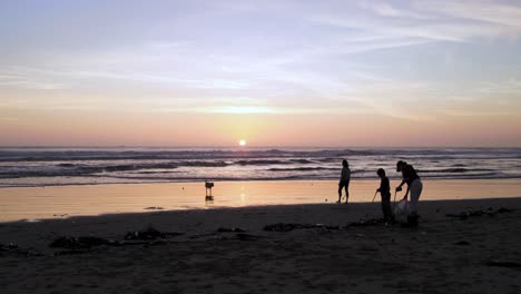 a mother helps to clean up trash on the beach during sunset at the beach as a woman plays catch with her dog